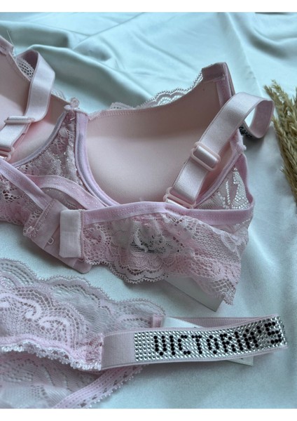 Dantelli Lastiği Taşlı Balenli Destekli Dolgulu Push Up Pudra Sütyen Ve String Iç Çamaşırı Takımı