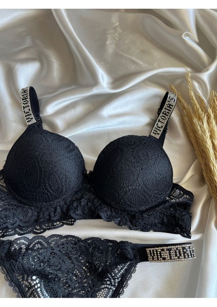 Dantelli Lastiği Taşlı Balenli Destekli Dolgulu Push Up Siyah Sütyen ve String Iç Çamaşırı Takımı