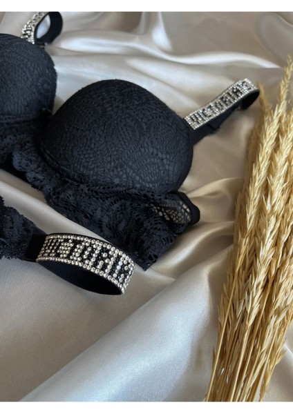 Dantelli Lastiği Taşlı Balenli Destekli Dolgulu Push Up Siyah Sütyen ve String Iç Çamaşırı Takımı