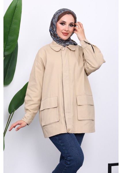 Bej Cep Detaylı Fermuarlı Gabardin Ceket