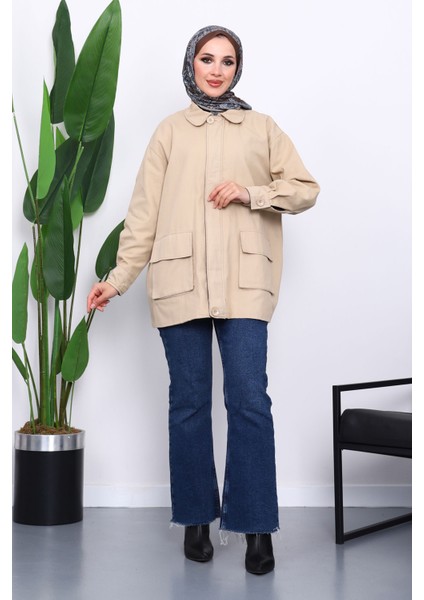 Bej Cep Detaylı Fermuarlı Gabardin Ceket fiyatları