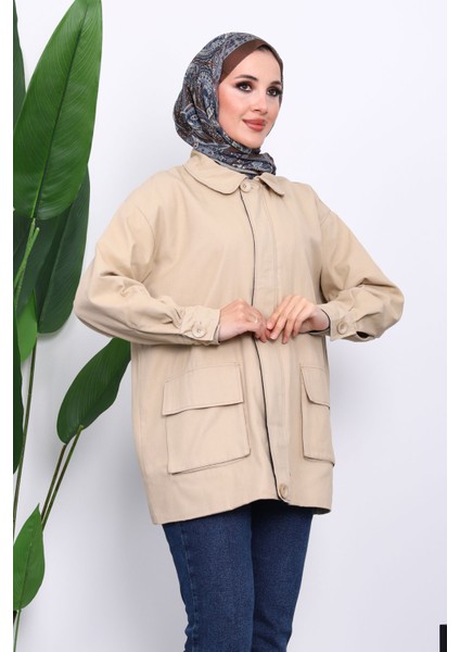 Bej Cep Detaylı Fermuarlı Gabardin Ceket modelleri
