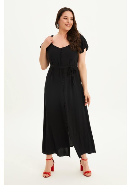 Kolları Volanlı Uzun Elbise