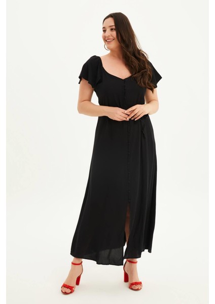 Kolları Volanlı Uzun Elbise