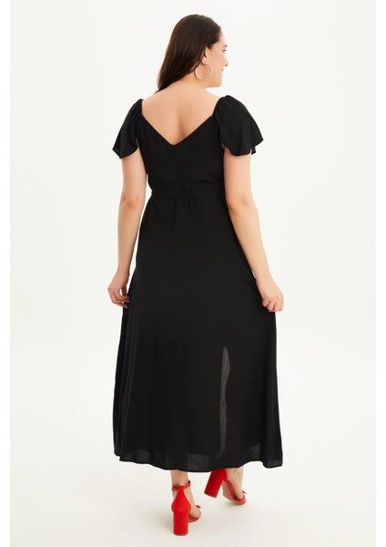 Kolları Volanlı Uzun Elbise