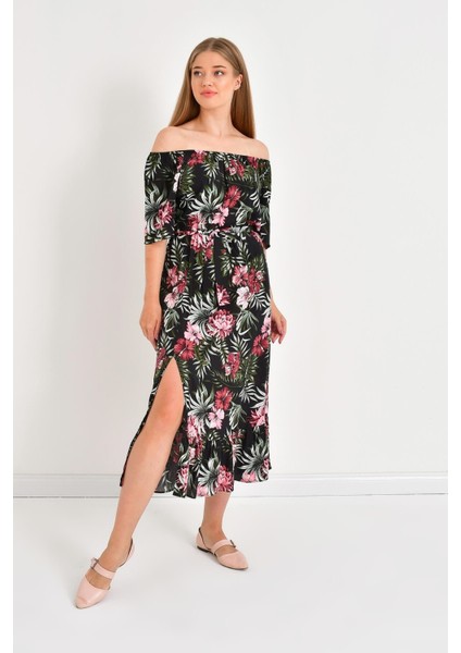 Düşük Omuzlu Yırtmaçlı Elbise indirimleri