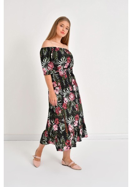 Düşük Omuzlu Yırtmaçlı Elbise