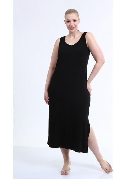 Askılı Yırtmaç Detaylı Penye Elbise