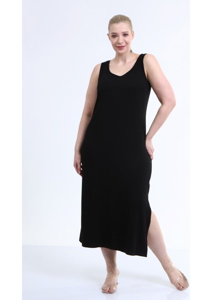 Askılı Yırtmaç Detaylı Penye Elbise