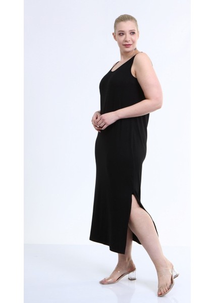 Askılı Yırtmaç Detaylı Penye Elbise