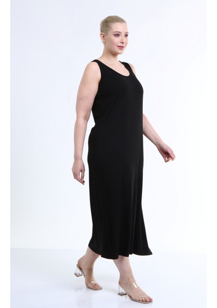 Askılı Yırtmaç Detaylı Penye Elbise