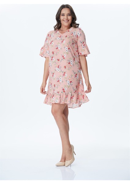 Eteği ve Kolları Fırfırlı Desenli Elbise