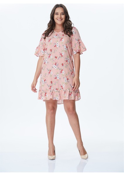 Eteği ve Kolları Fırfırlı Desenli Elbise modelleri