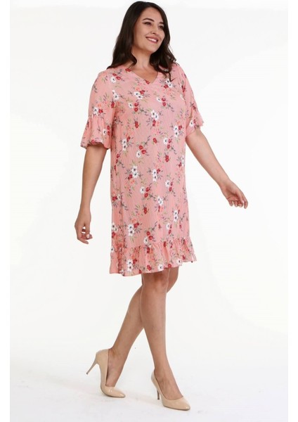 Eteği ve Kolları Fırfırlı Desenli Elbise