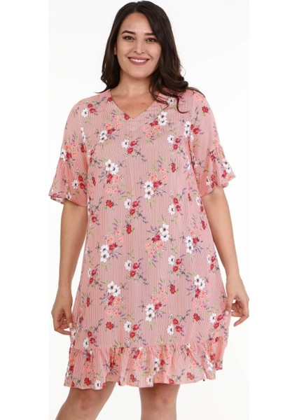 Eteği ve Kolları Fırfırlı Desenli Elbise