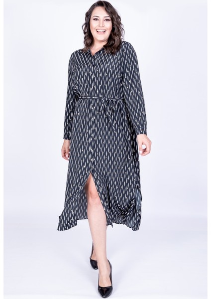 Kuşaklı Yırtmaçlı Gömlek Elbise
