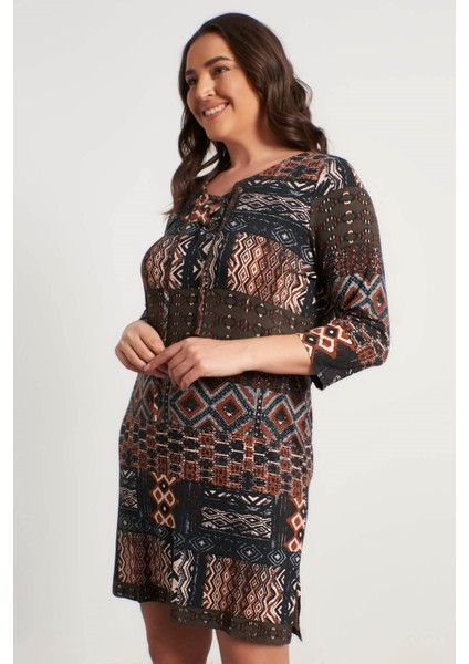 Etnik Desen Kuş Gözlü Penye Elbise