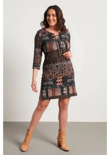 Etnik Desen Kuş Gözlü Penye Elbise