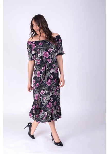 Düşük Omuzlu Yırtmaçlı Elbise