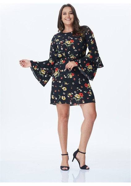 Kolları Volanlı Çiçekli Elbise