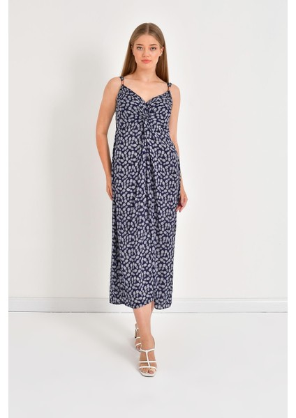 Önü Düğüm Detaylı Askılı Elbise