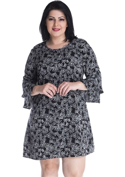 Desenli Kolları Volanlı Elbise