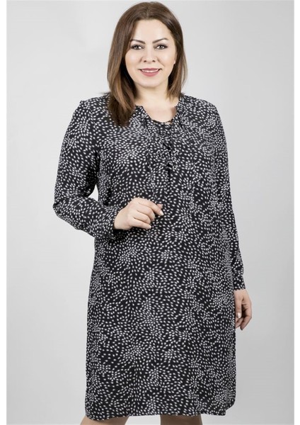 Uzun Kollu Damla Desenli Maroken Elbise