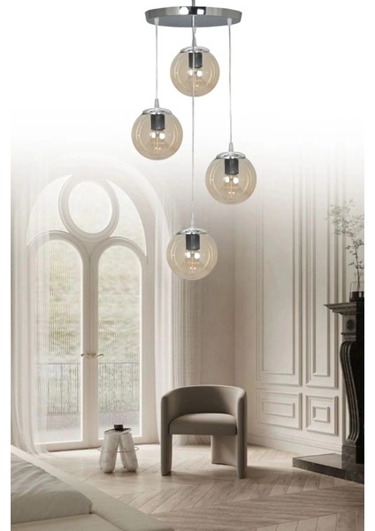 Sarkıt Tepsi Gümüş 4'lü Beyaz Füme Bal Camlı Avize