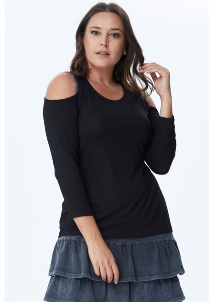 Omuzda Zincir Detaylı Uzun Kollu Tişört modelleri