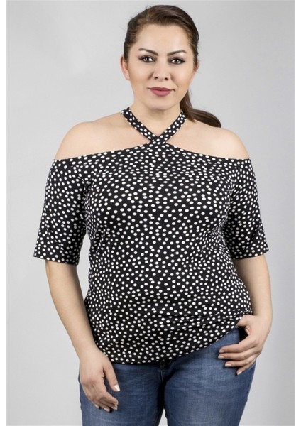 Boyundan Bağlamalı Puanti Desen Örme Tişört indirimleri
