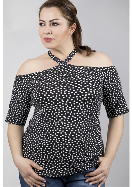 Boyundan Bağlamalı Puanti Desen Örme Tişört