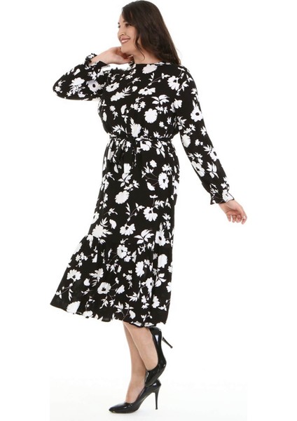 Fırfır Detaylı Kuşaklı Uzun Elbise