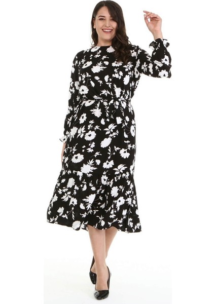 Fırfır Detaylı Kuşaklı Uzun Elbise