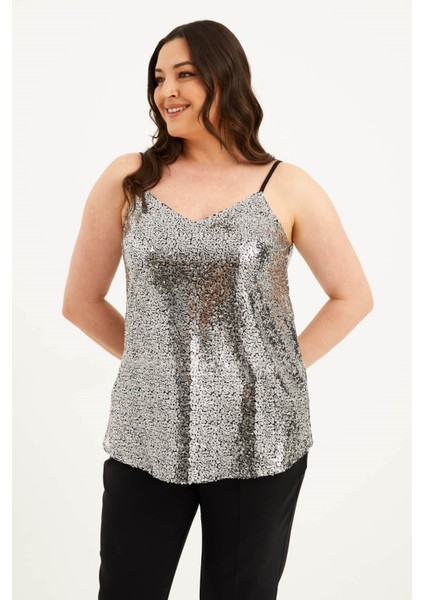 Astarlı İp Askılı Payetli Bluz