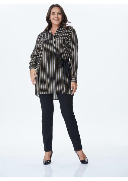 Bağlama Detaylı Çizgili Uzun Gömlek