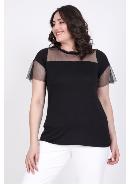 Önü Ve Kolları Tül Detaylı Tişört fırsatları