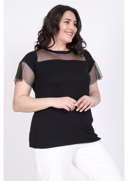 Önü Ve Kolları Tül Detaylı Tişört indirimleri