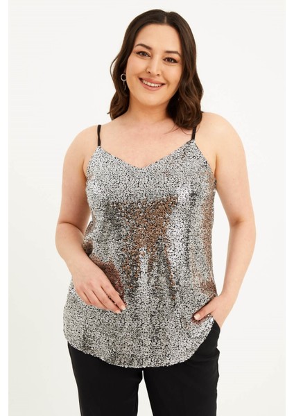 Astarlı İp Askılı Payetli Bluz