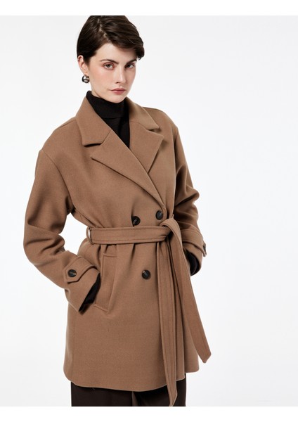 Uzun Kollu Cepli Düğmeli Kemerli Kruvaze Kaşe Kaban fiyatları