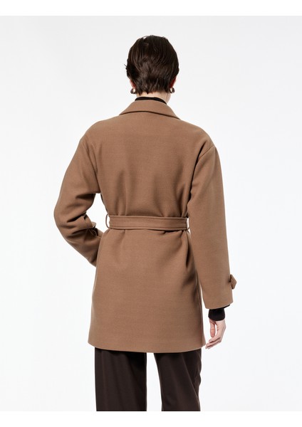 Uzun Kollu Cepli Düğmeli Kemerli Kruvaze Kaşe Kaban fırsatları