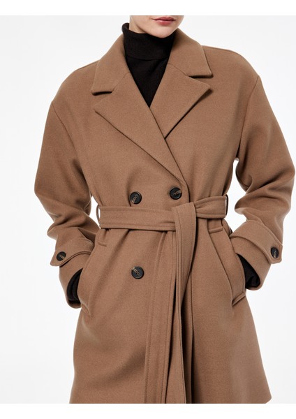 Uzun Kollu Cepli Düğmeli Kemerli Kruvaze Kaşe Kaban indirimleri