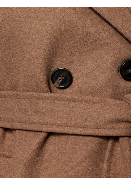 Uzun Kollu Cepli Düğmeli Kemerli Kruvaze Kaşe Kaban