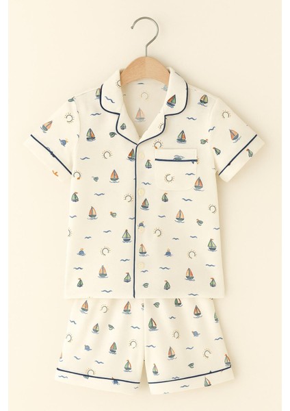 Çocuk Seageo Yelken Desenli Düğmeli Şortlu Pijama Takımı Ekru modelleri