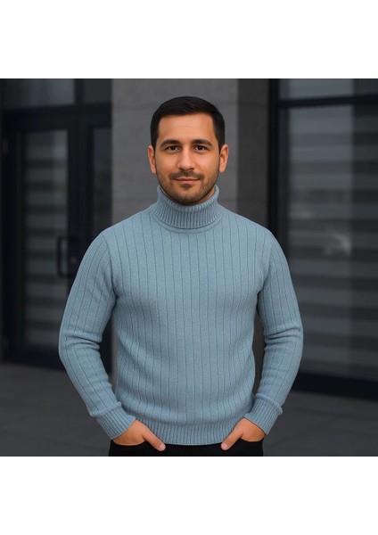 Erkek Balıkcı Yaka Bağazlı Triko Kazak Pamuklu Kalın Fitilli Dokuma, Regular Fit Uzun Kollu Kışlık Model - Bebe Mavisi