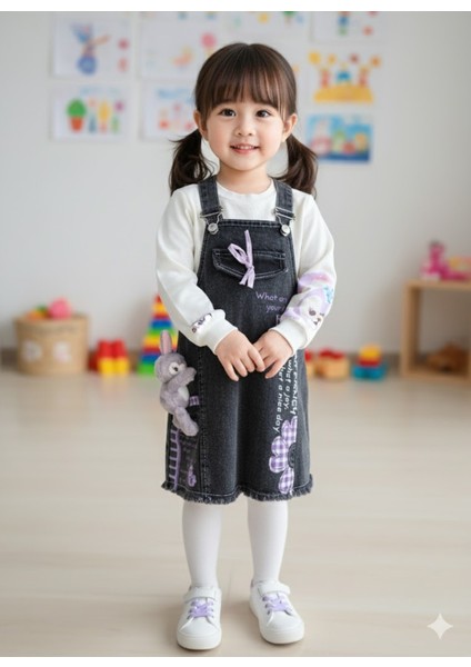 Kız Çocuk Kotlu Salopet Takım Özel Tasarım (Stella Lou Oyuncaklı Kot Elbise+Bluz)