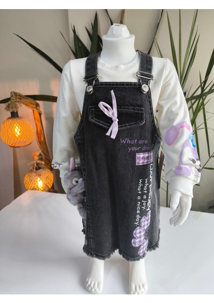 Kız Çocuk Kotlu Salopet Takım Özel Tasarım (Stella Lou Oyuncaklı Kot Elbise+Bluz)