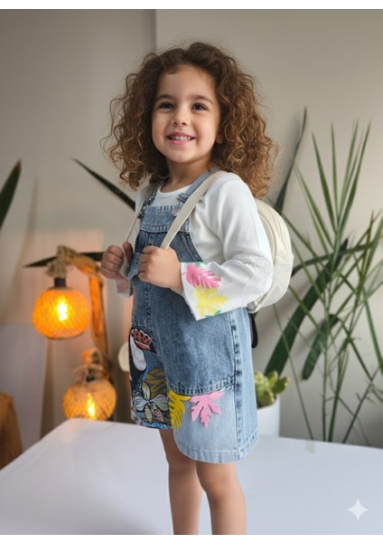 Kız Çocuk Kotlu Salopet Şortlu Çantalı Takım Tasarım ( Kot Elbise+Bluz) fiyatları