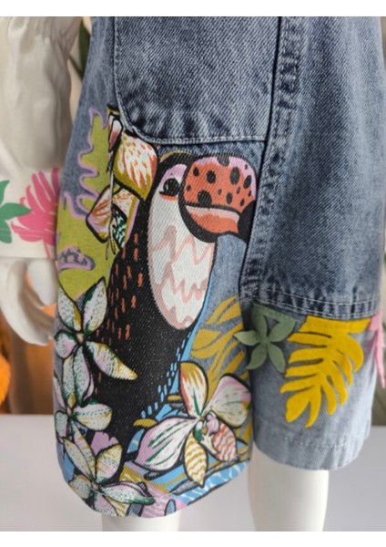 Kız Çocuk Kotlu Salopet Şortlu Çantalı Takım Tasarım ( Kot Elbise+Bluz) fırsatları