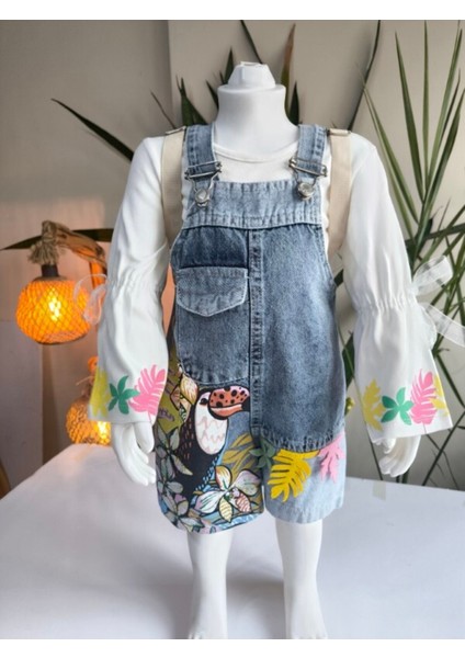 Kız Çocuk Kotlu Salopet Şortlu Çantalı Takım Tasarım ( Kot Elbise+Bluz)