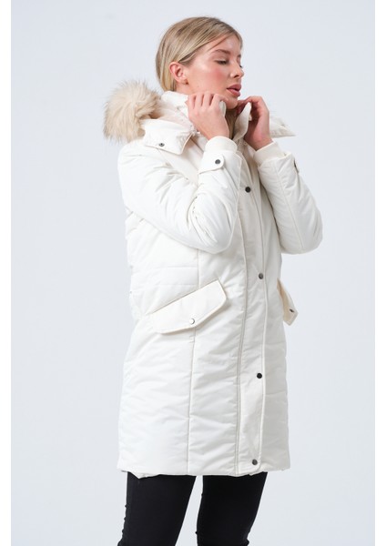 FEBIHA KADIN MONT Kadın Çıkabilir Kapüşonlu Kürk Astarlı Uzun Kaban